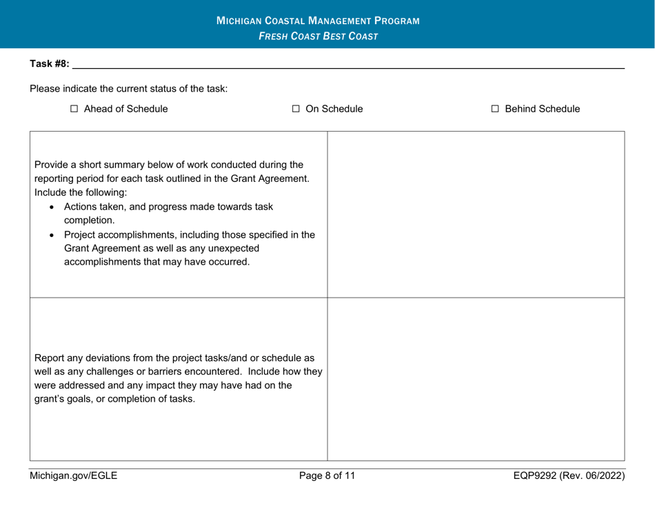 Form EQP9292 Quarterly Progress Report - Michigan Coastal Management Program - Michigan, Page 8
