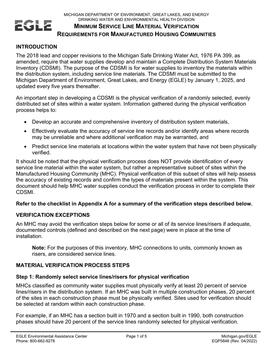 Form EQP5848 Minimum Service Line Material Verification Requirements for Manufactured Housing Communities - Michigan, Page 1