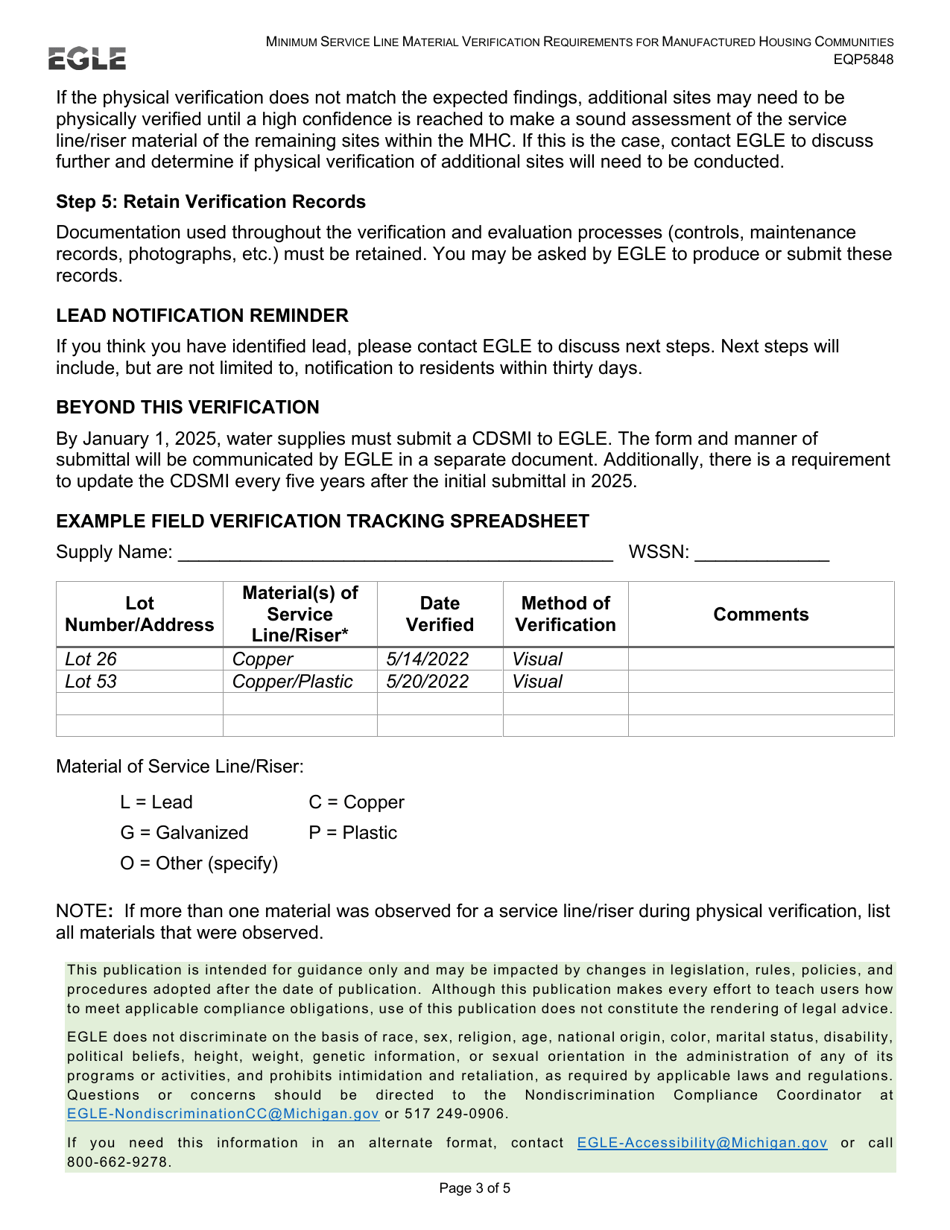 Form EQP5848 Minimum Service Line Material Verification Requirements for Manufactured Housing Communities - Michigan, Page 3