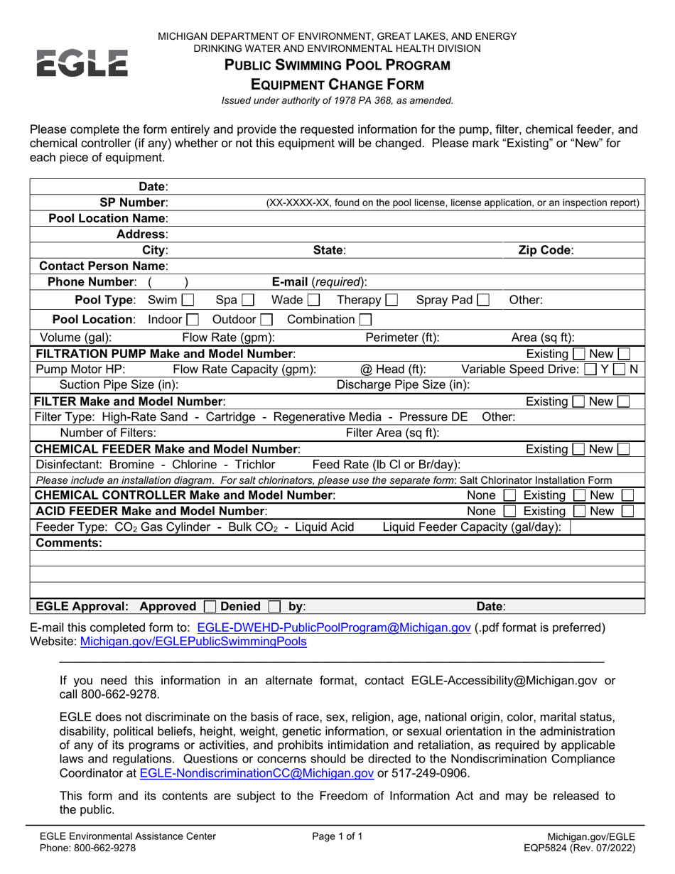 Form EQP5824 Equipment Change Form - Public Swimming Pool Program - Michigan, Page 1