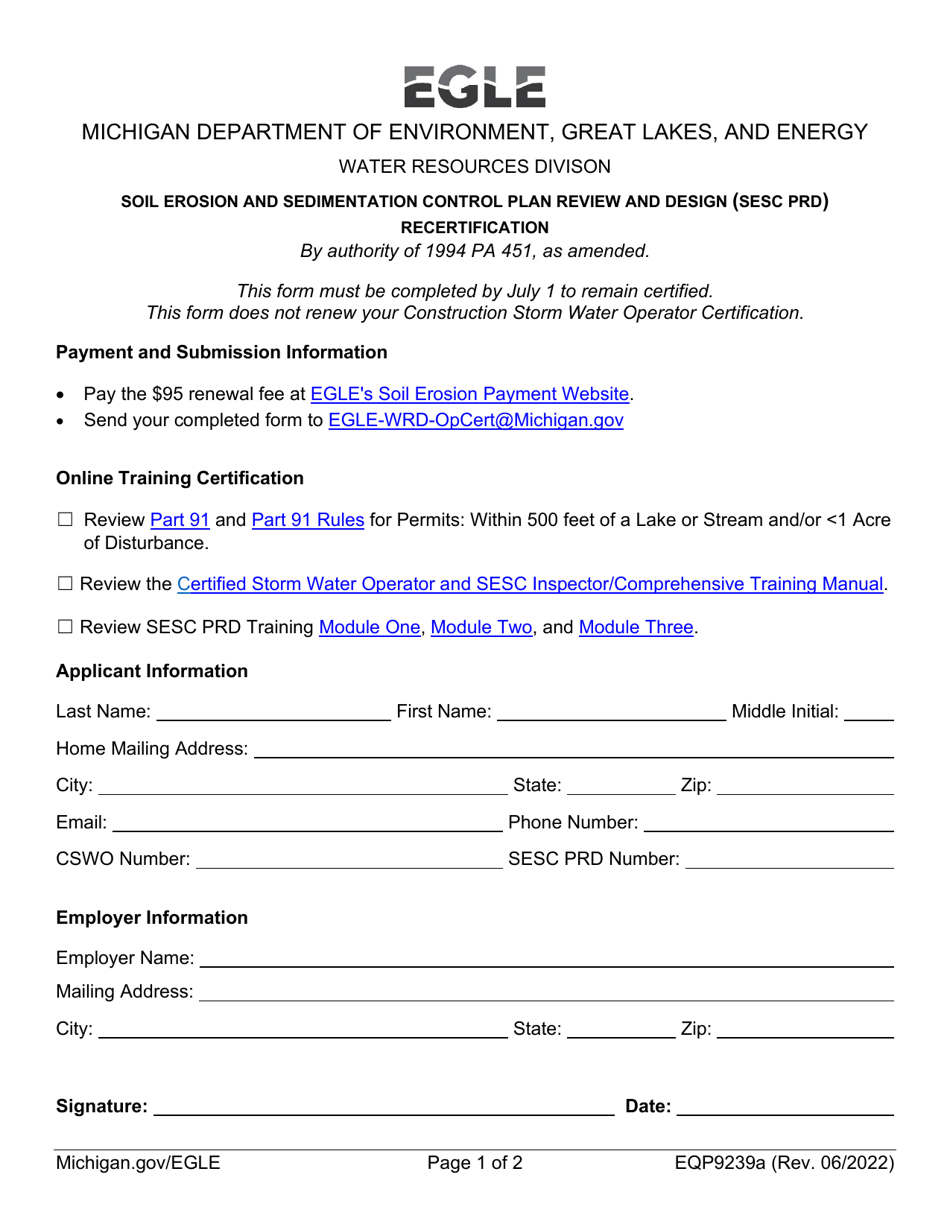 Form EQP9239A Soil Erosion and Sedimentation Control Plan Review and Design (Sesc Prd) Recertification - Michigan, Page 1