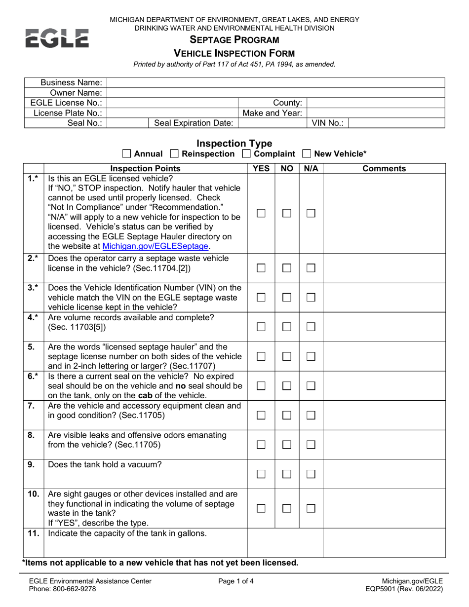 Form EQP5901 Septage Program Vehicle Inspection Form - Michigan, Page 1