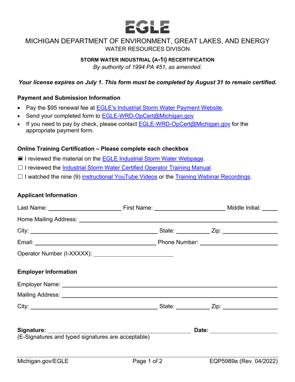 Form EQP5989A Storm Water Industrial (A-1i) Recertification - Michigan, Page 1