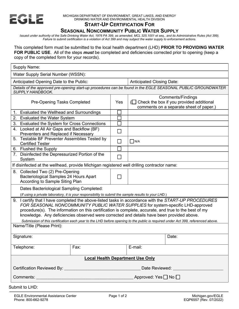 Form EQP6557 Start-Up Certification for Seasonal Noncommunity Public Water Supply - Michigan, Page 1