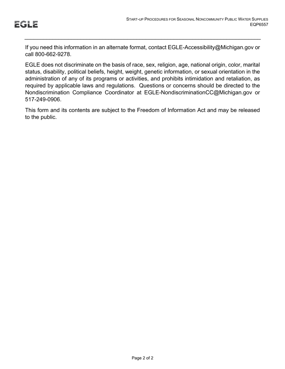 Form EQP6557 Start-Up Certification for Seasonal Noncommunity Public Water Supply - Michigan, Page 2