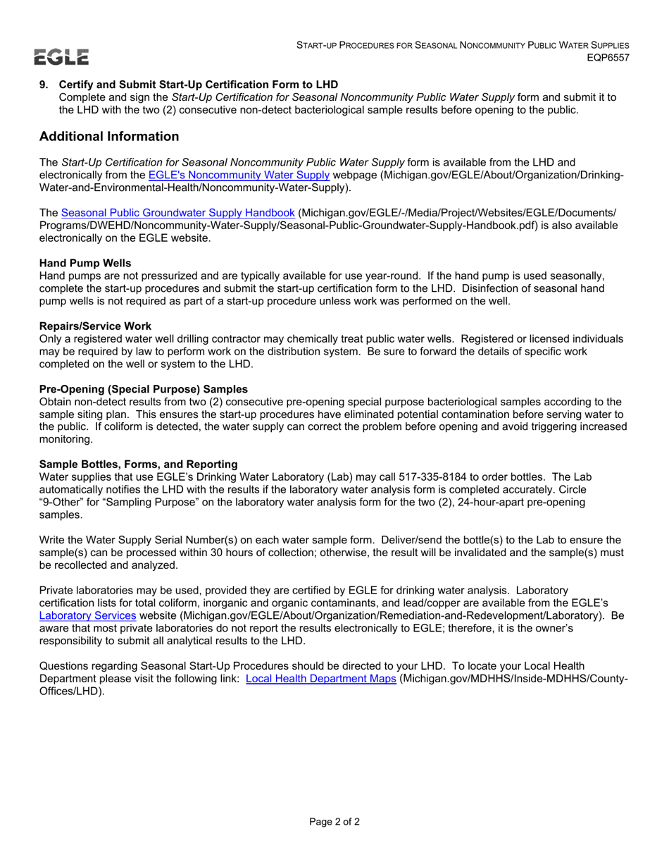 Form EQP6557 Start-Up Certification for Seasonal Noncommunity Public Water Supply - Michigan, Page 4
