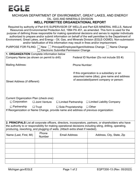 Form EQP7200-13 Well Permittee Organizational Report - Michigan