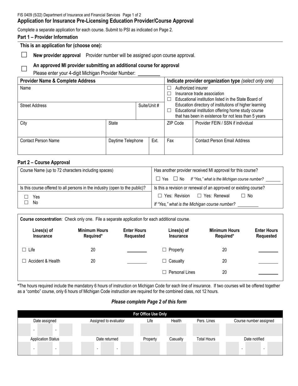 Form FIS0409 Application for Insurance Pre-licensing Education Provider / Course Approval - Michigan, Page 1