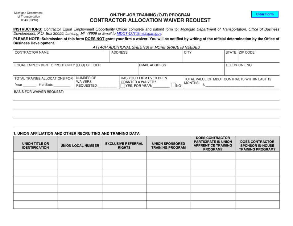 Form 0343 Contractor Allocation Waiver Request - on-The-Job Training (Ojt) Program - Michigan, Page 1