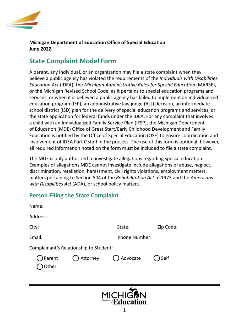 State Complaint Model Form - Michigan, Page 1