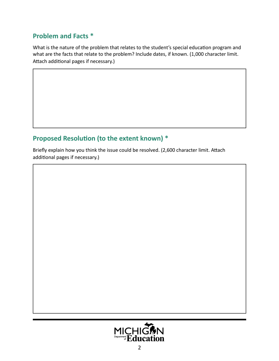 Model Due Process Complaint / Request for Hearing Form - Michigan, Page 2