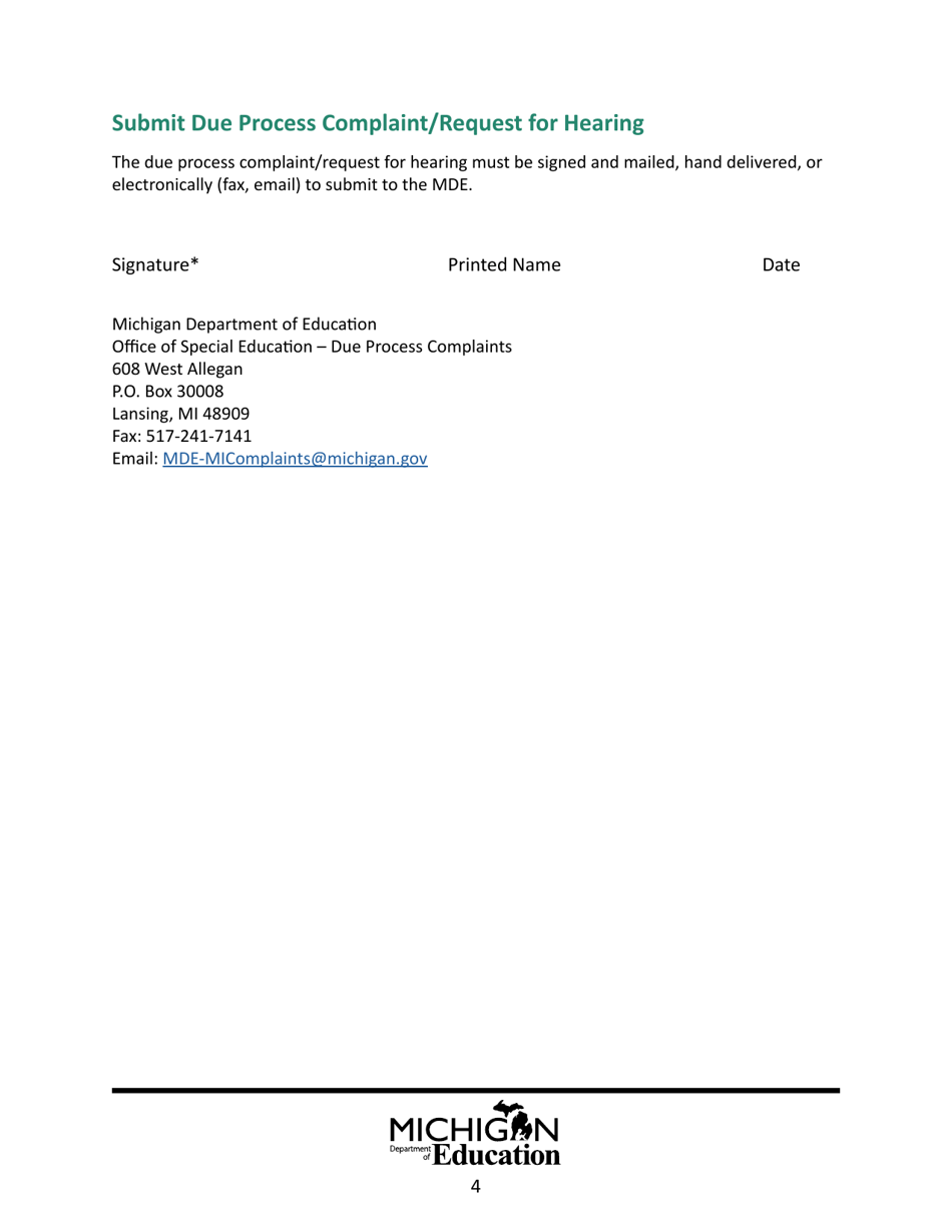 Model Due Process Complaint / Request for Hearing Form - Michigan, Page 4
