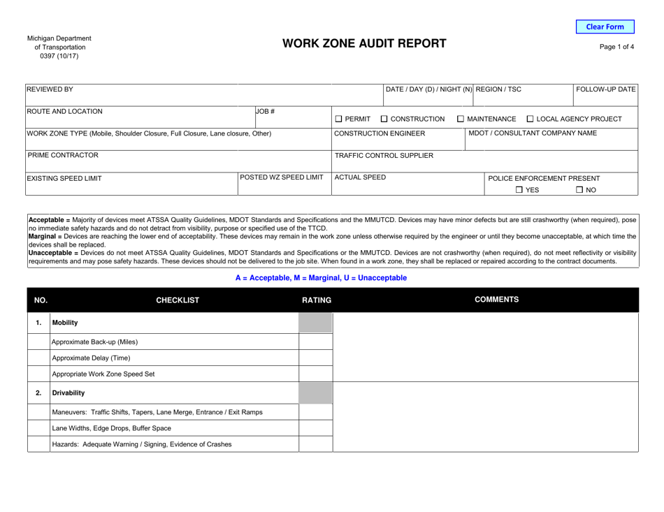 Form 0397 Work Zone Audit Report - Michigan, Page 1