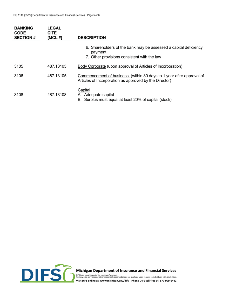 Form FIS1110 Application for Permission to Organize a State-Chartered Bank - Michigan, Page 5