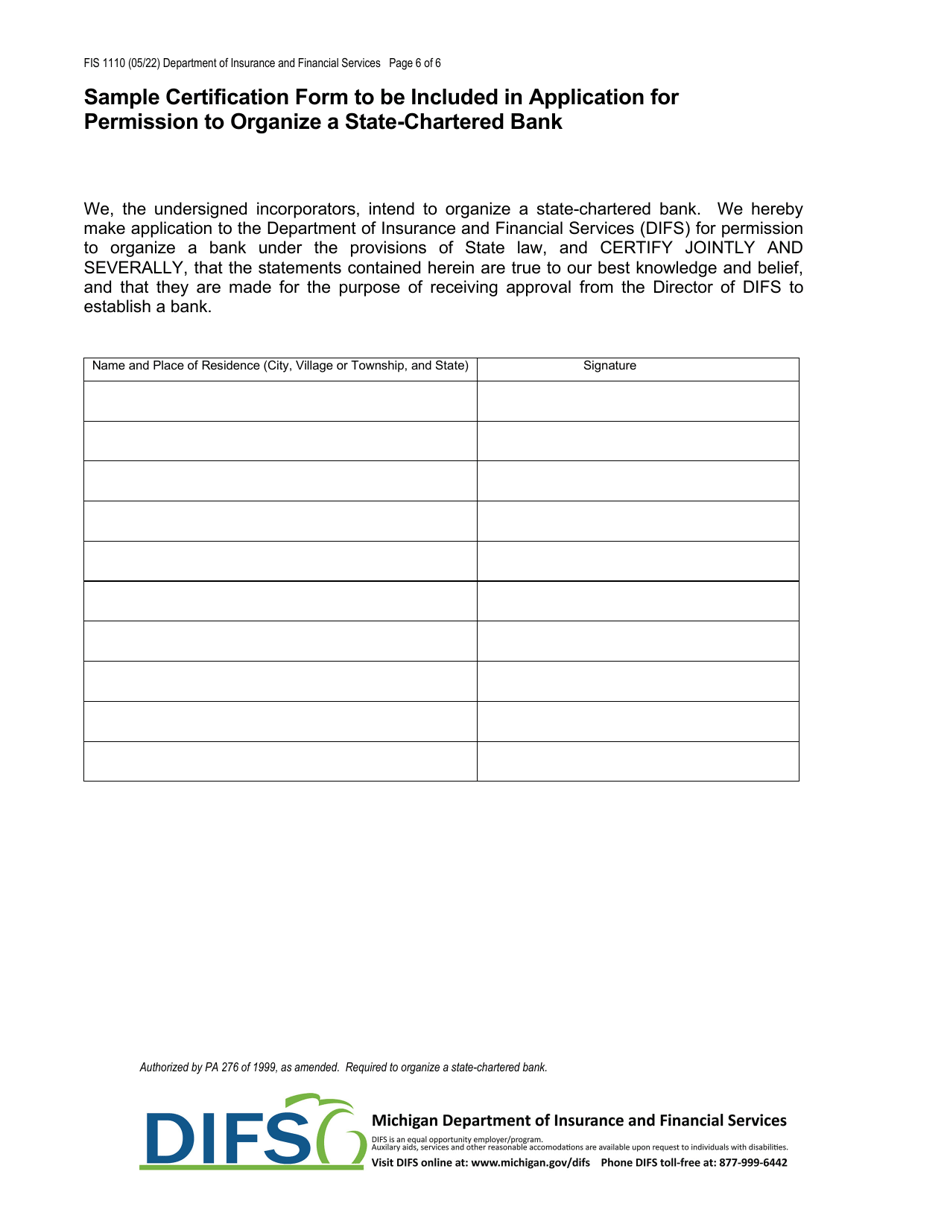 Form FIS1110 Application for Permission to Organize a State-Chartered Bank - Michigan, Page 6