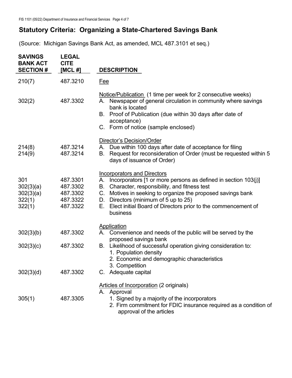 Form FIS1101 Application for Permission to Organize a State-Chartered Savings Bank - Michigan, Page 4