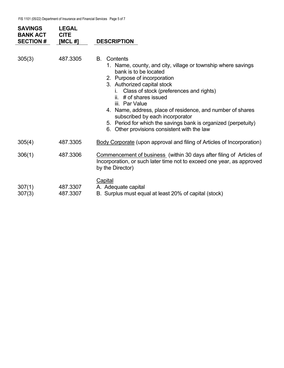 Form FIS1101 Application for Permission to Organize a State-Chartered Savings Bank - Michigan, Page 5