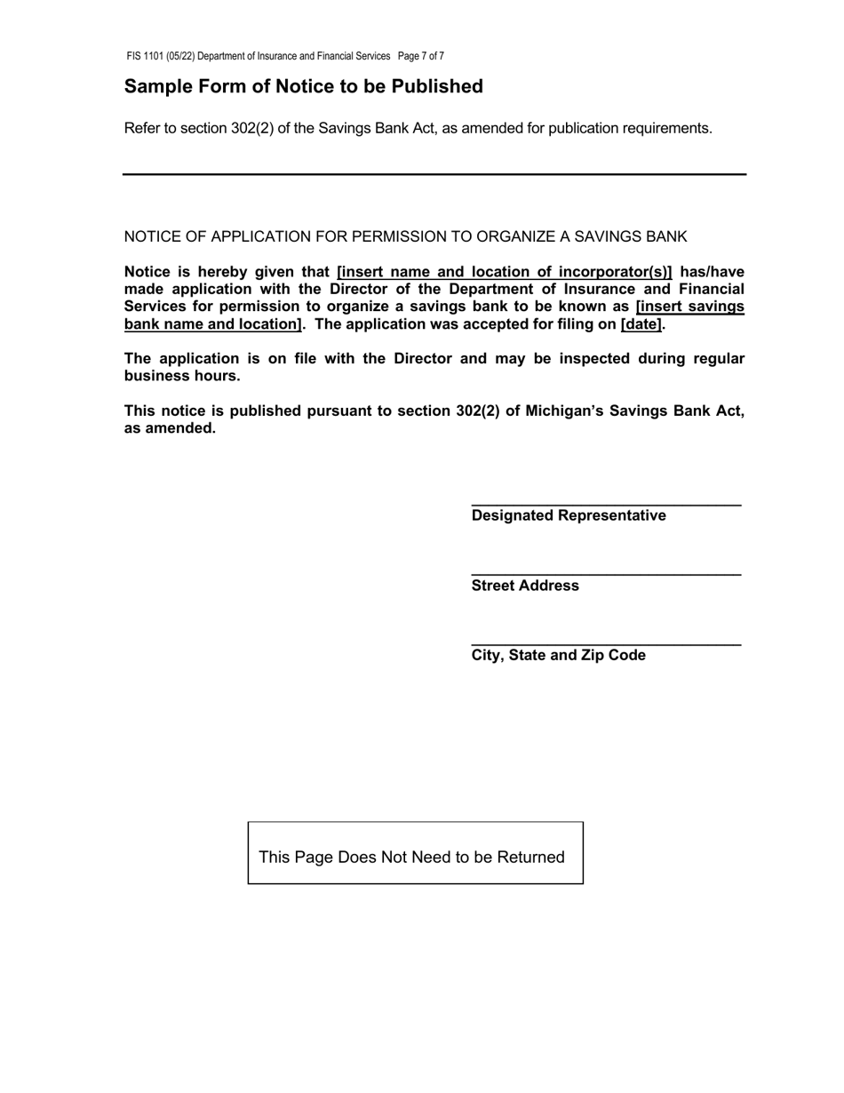Form FIS1101 Application for Permission to Organize a State-Chartered Savings Bank - Michigan, Page 7