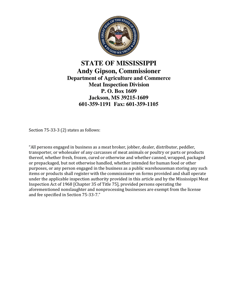 Mississippi Application for Registration Under the Meat, MeatFood, and