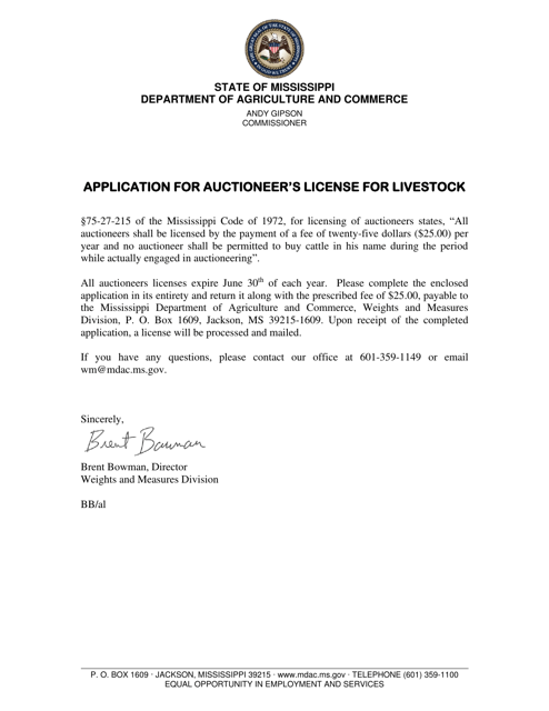 Application for Auctioneer's License for Livestock - Mississippi Download Pdf