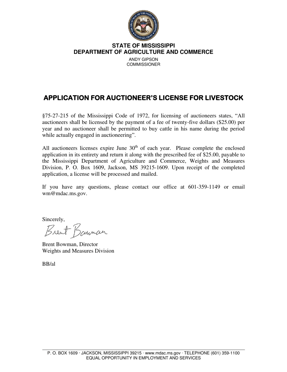 Mississippi Application for Auctioneer's License for Livestock Fill