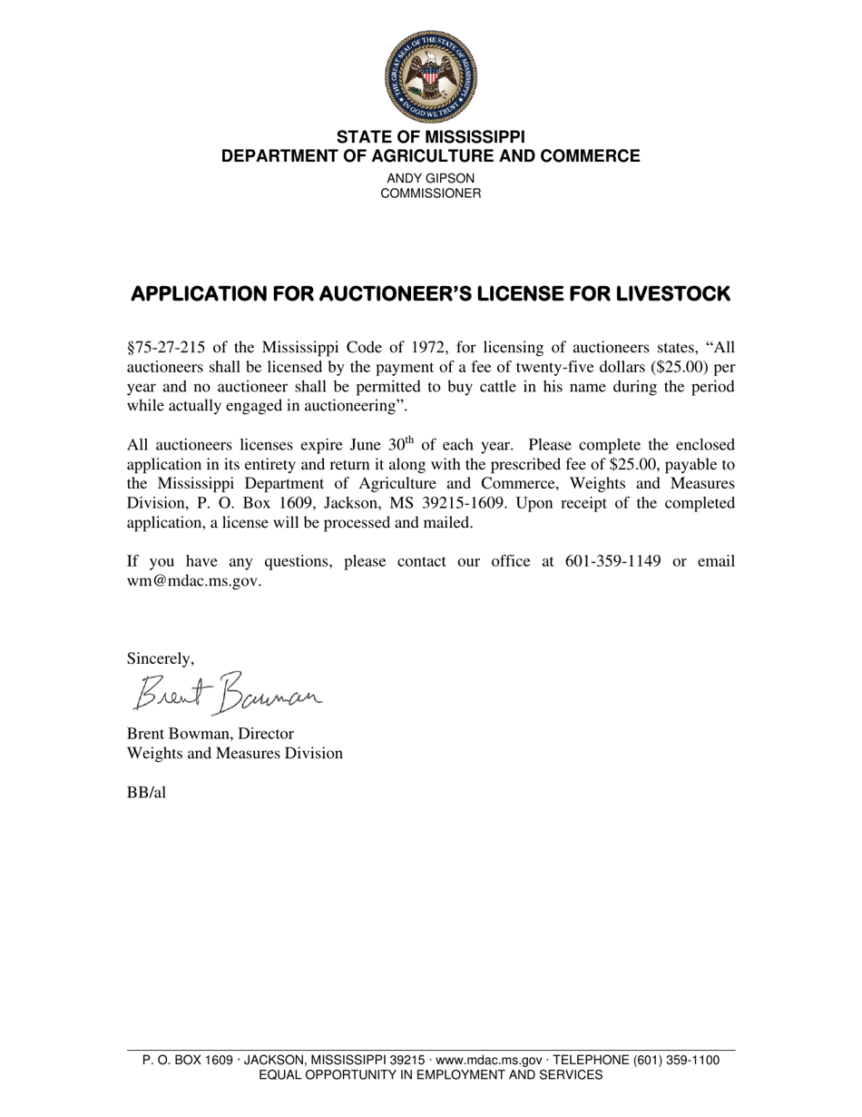 Application for Auctioneers License for Livestock - Mississippi, Page 1