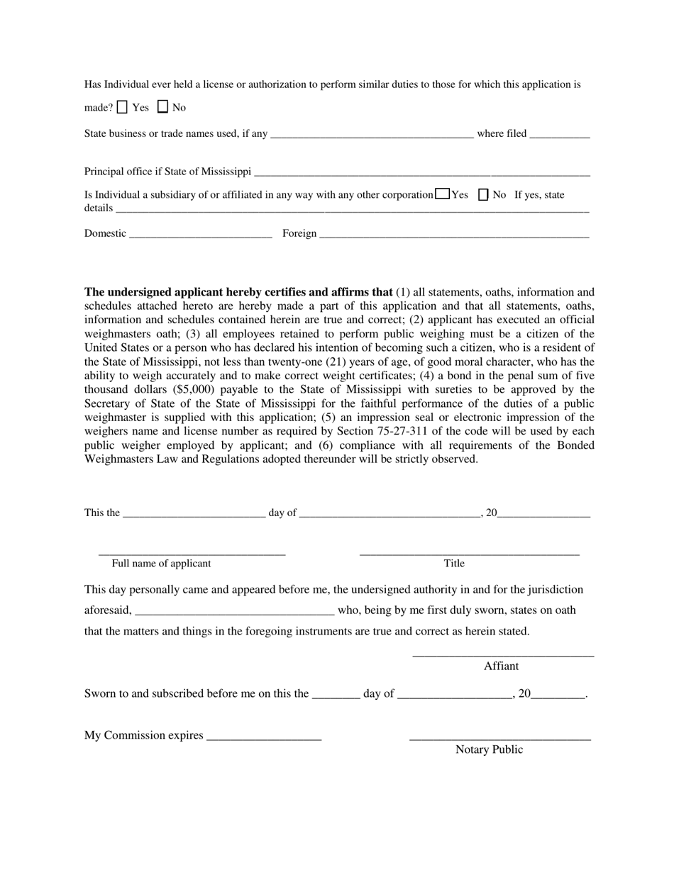 Application for Bonded Weighmasters License for an Individual - Mississippi, Page 3