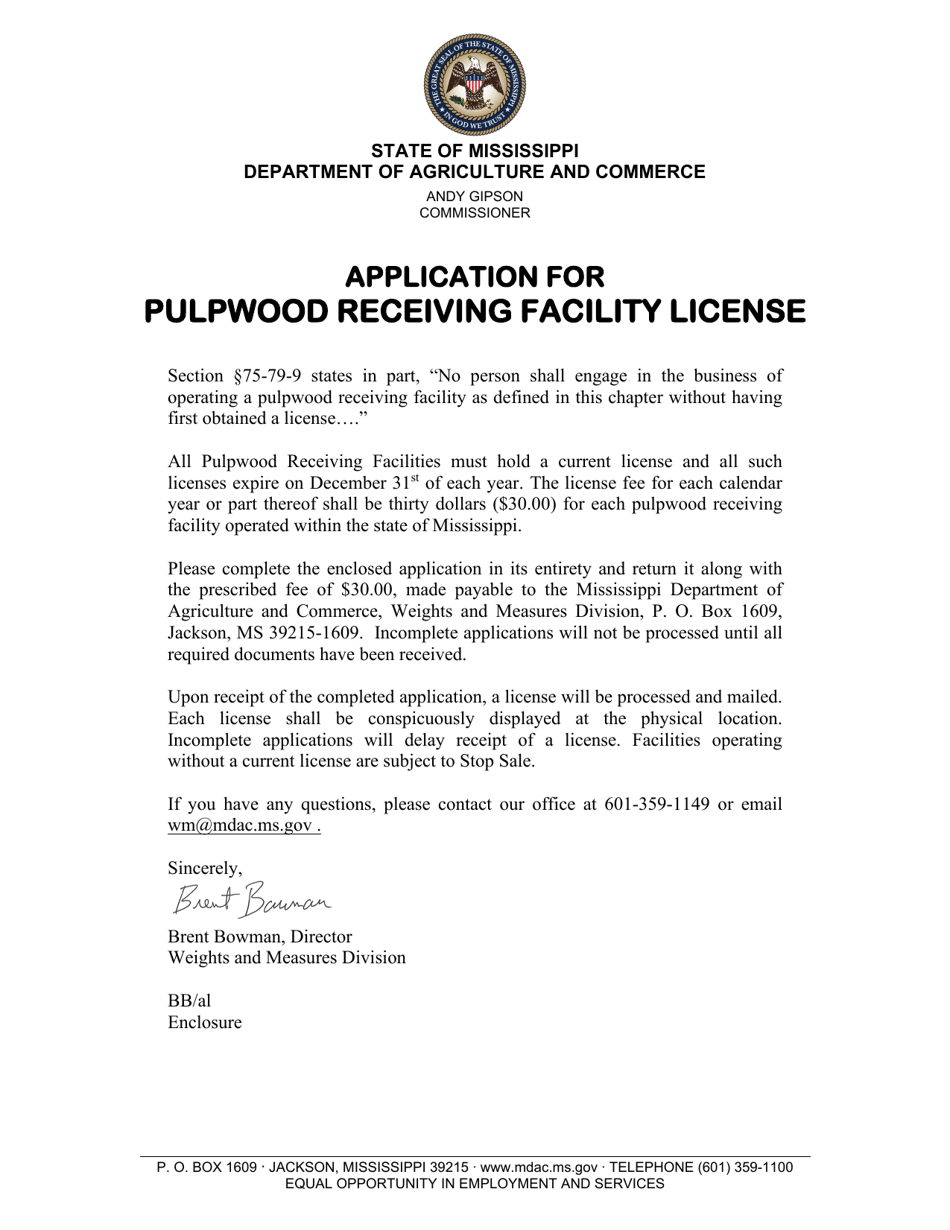 Pulpwood Receiving Facility License Application - Mississippi, Page 1