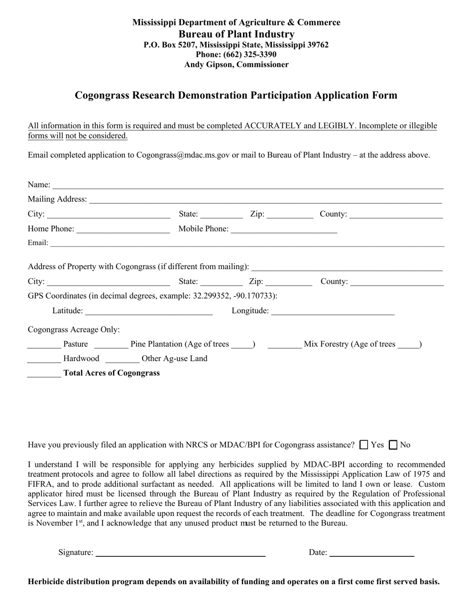 Mississippi Cogongrass Research Demonstration Participation Application