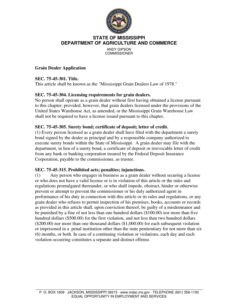 Mississippi Application for Grain Dealer License Fill Out, Sign