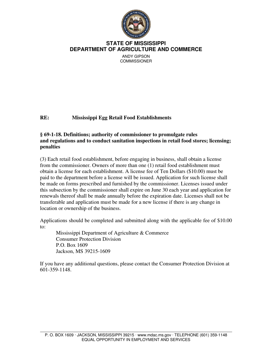 Application for Retail Food Sanitation License - Eggs - Mississippi, Page 1