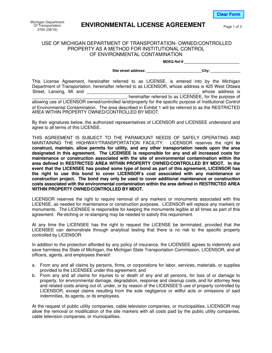 Form 3760 Environmental License Agreement - Michigan, Page 1