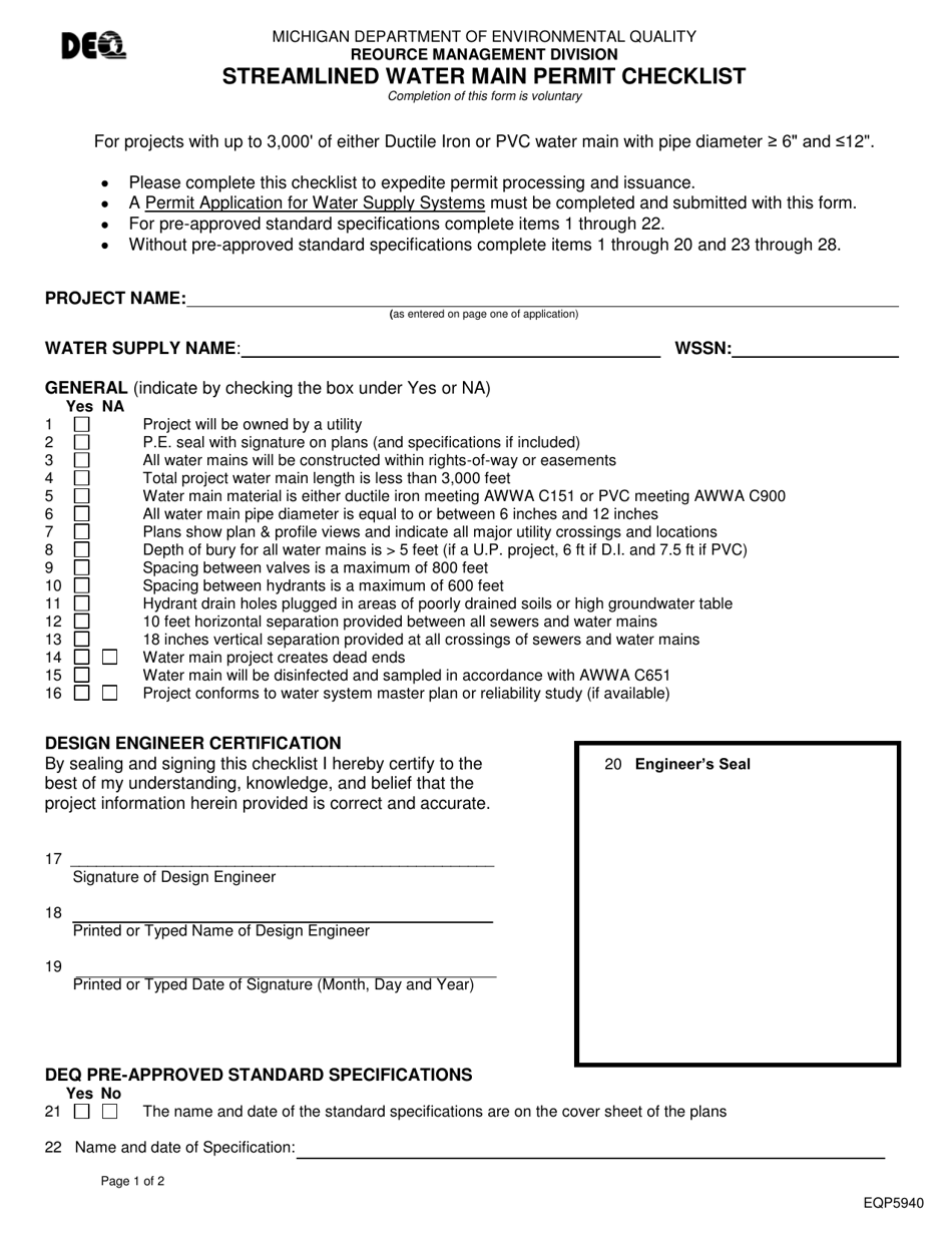 Form EQP5940 Streamlined Water Main Permit Checklist - Michigan, Page 1