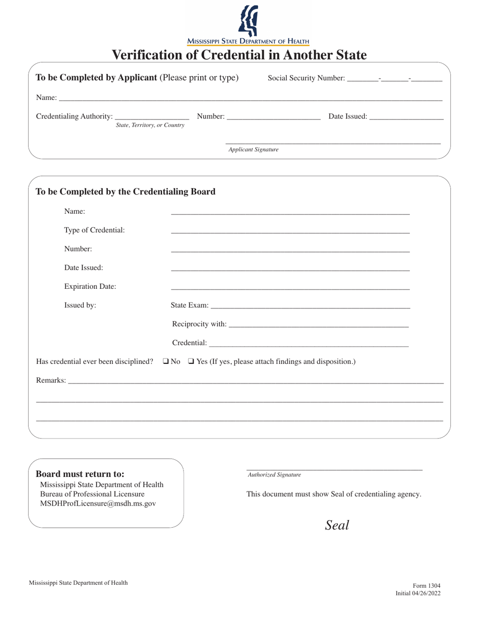 Form 1304 Verification of Credential in Another State - Mississippi, Page 1