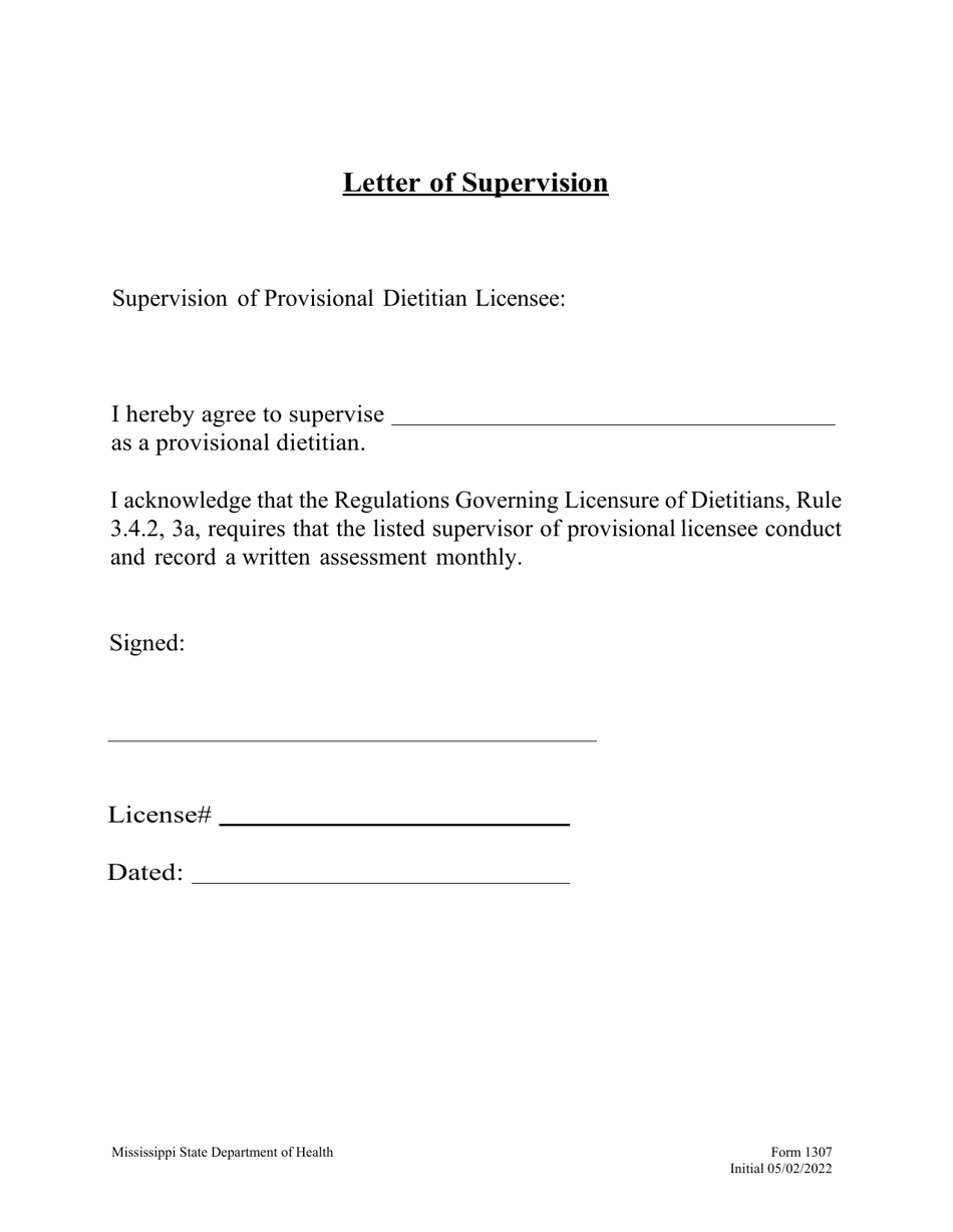 Form 1307 Letter of Supervision of Provisional Dietitian Licensee - Mississippi, Page 1