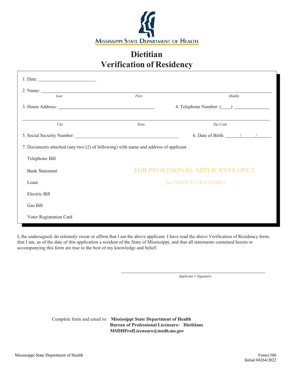 Form 1306 Dietitian Verification of Residency - Mississippi, Page 1