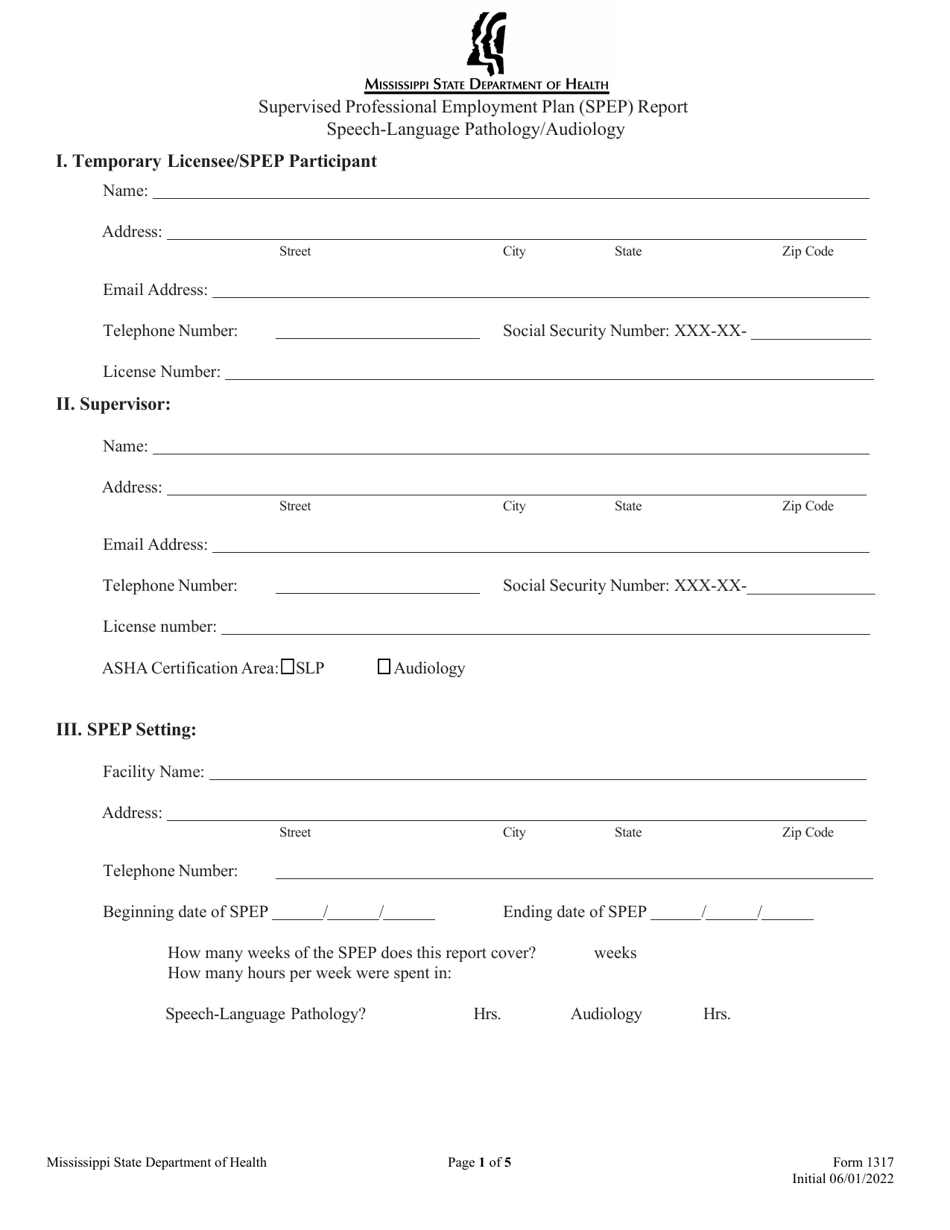 Form 1317 Supervised Professional Employment Plan (Spep) Report - Speech-Language Pathology / Audiology - Mississippi, Page 1