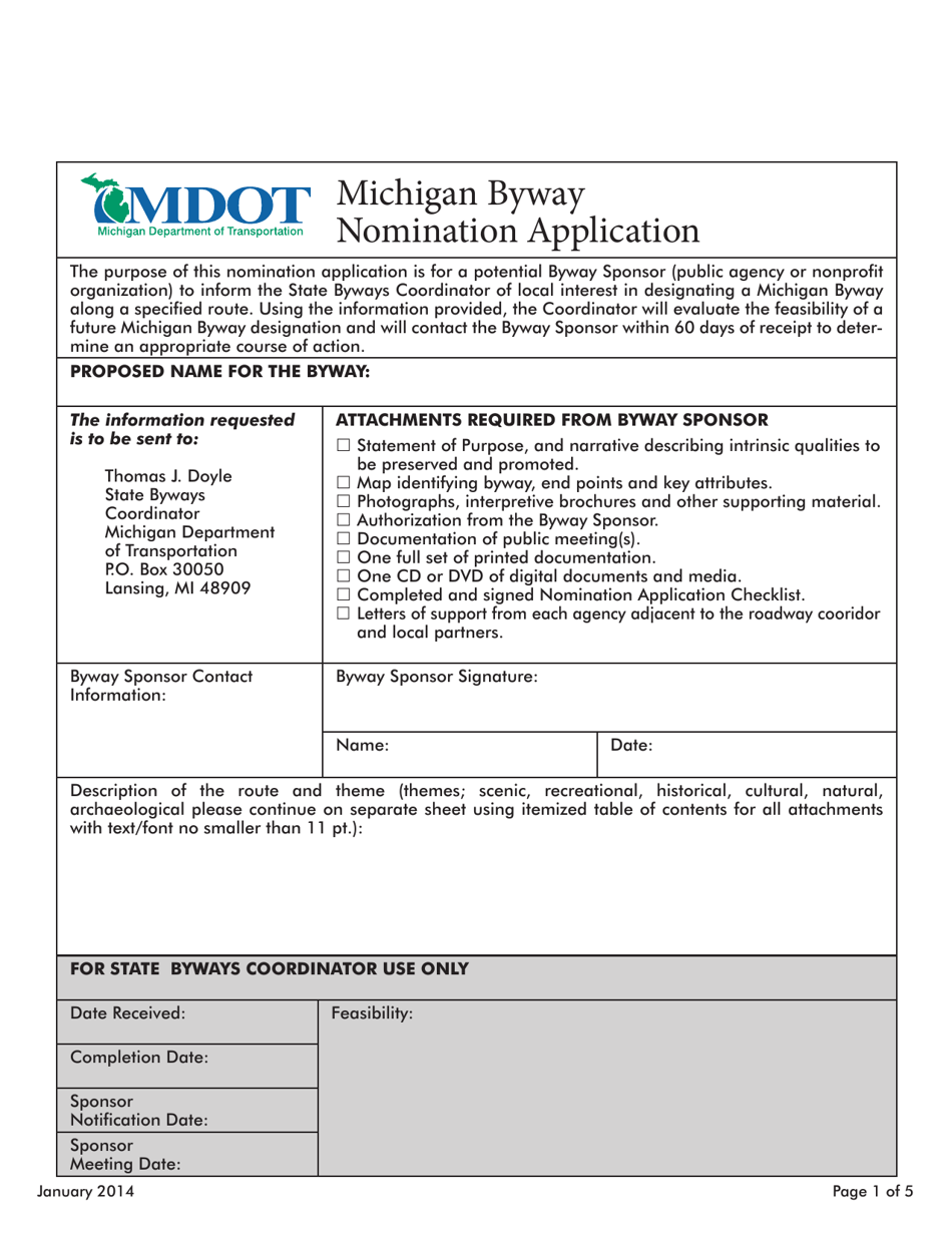 Michigan Byway Nomination Application - Michigan, Page 1