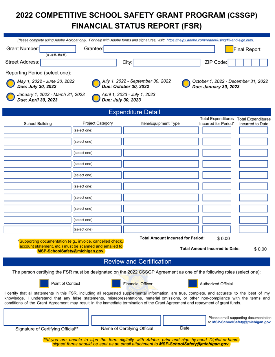 Financial Status Report (Fsr) - Competitive School Safety Grant Program (Cssgp) - Michigan, Page 1
