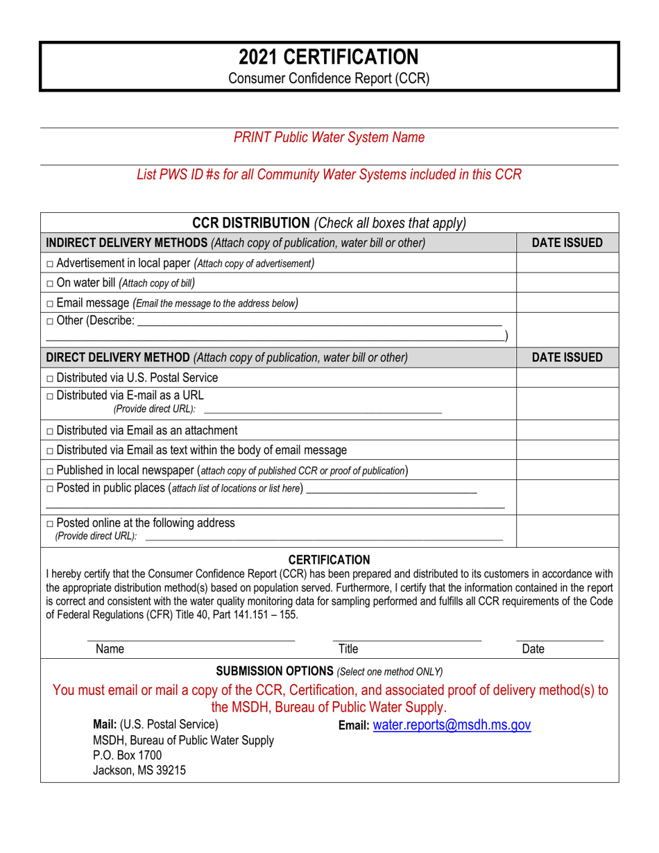 Consumer Confidence Report (Ccr) Certification Form - Mississippi, Page 1