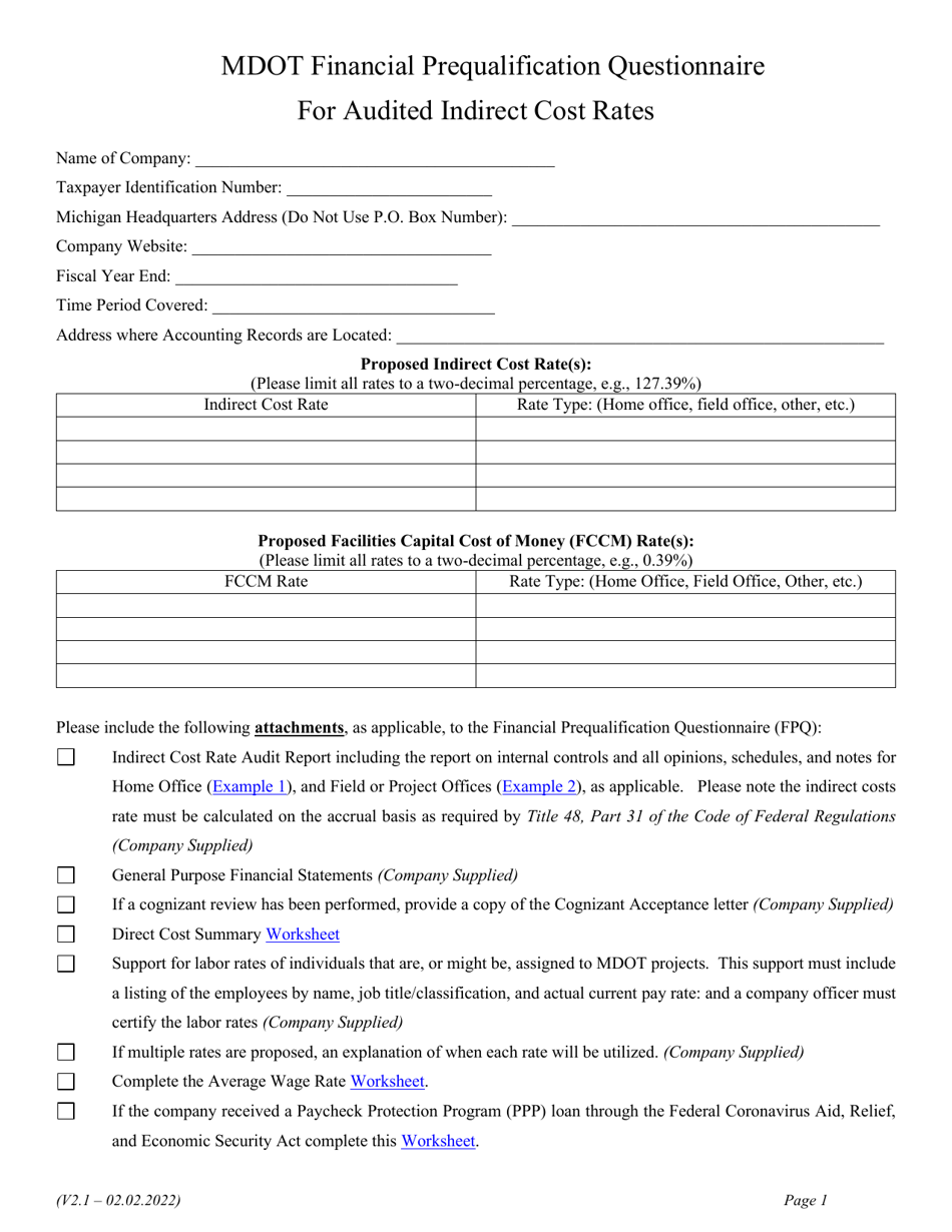 Mdot Financial Prequalification Questionnaire for Audited Indirect Cost Rates - Michigan, Page 10