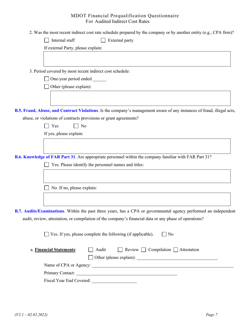 Mdot Financial Prequalification Questionnaire for Audited Indirect Cost Rates - Michigan, Page 16