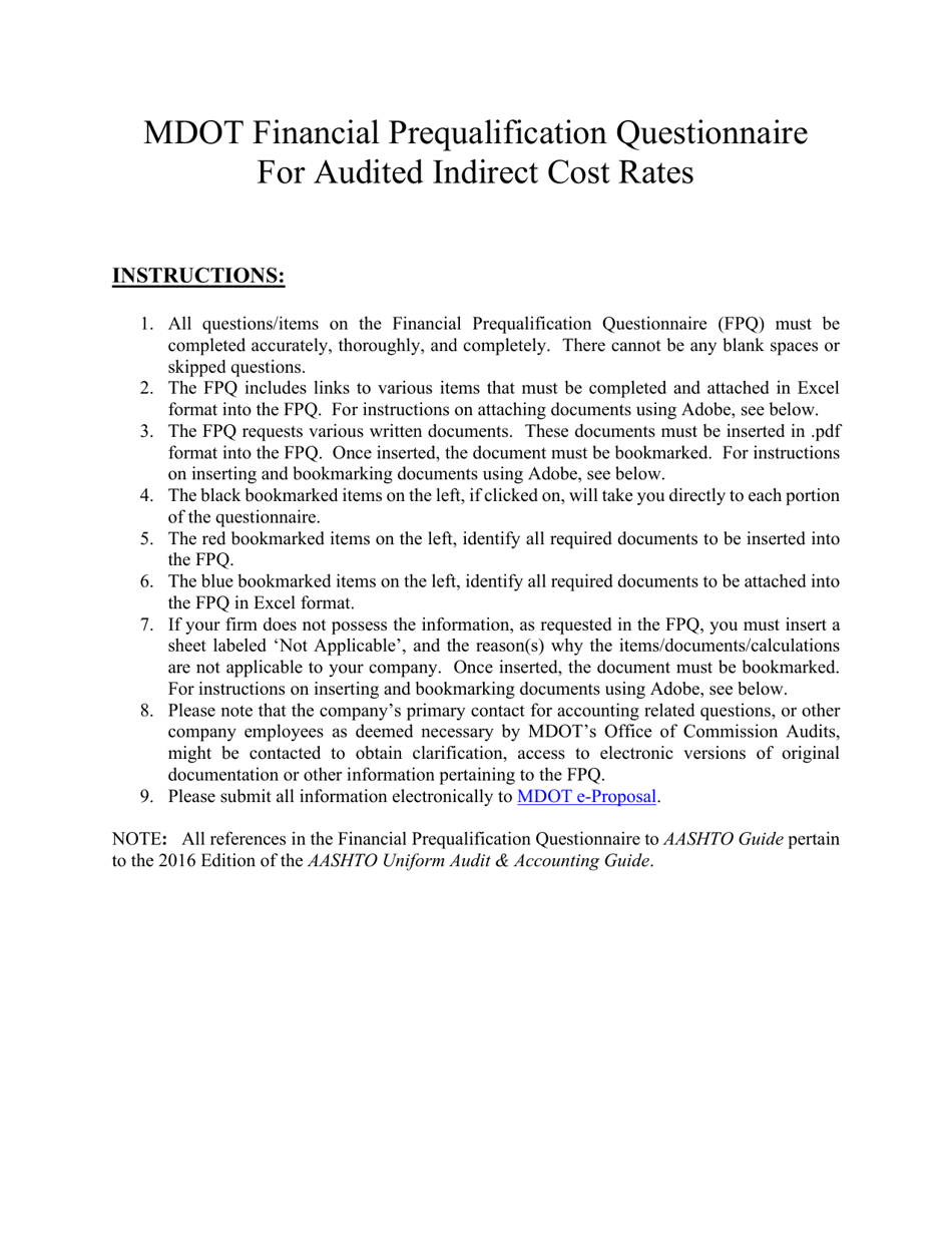 Mdot Financial Prequalification Questionnaire for Audited Indirect Cost Rates - Michigan, Page 1