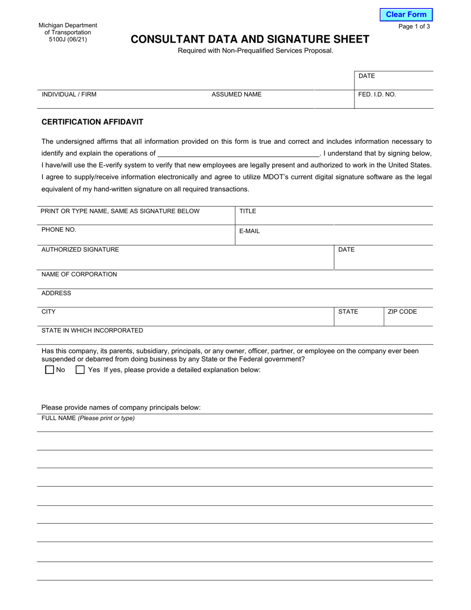 Form 5100J Consultant Data and Signature Sheet - Michigan, Page 1