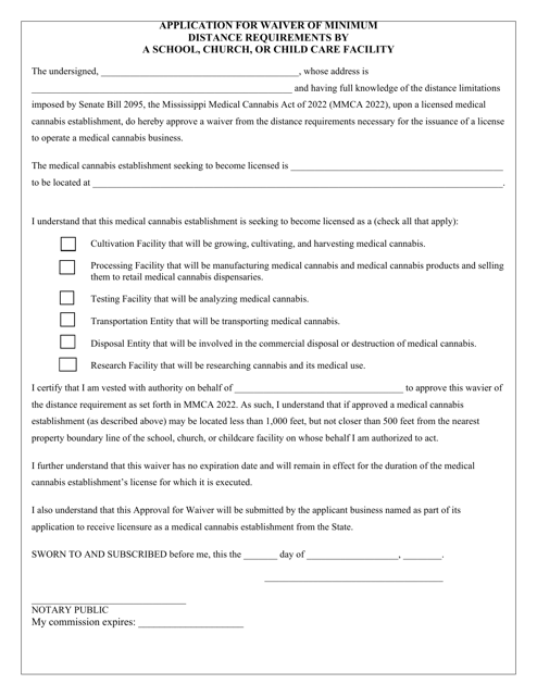 Application for Waiver of Minimum Distance Requirements by a School, Church, or Child Care Facility - Mississippi Download Pdf