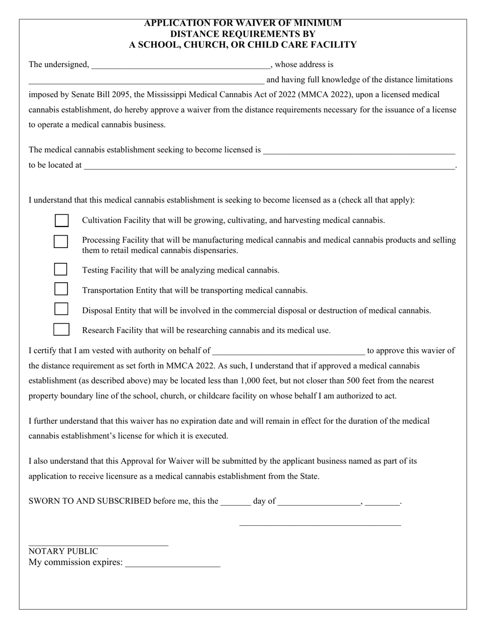 Application for Waiver of Minimum Distance Requirements by a School, Church, or Child Care Facility - Mississippi, Page 1
