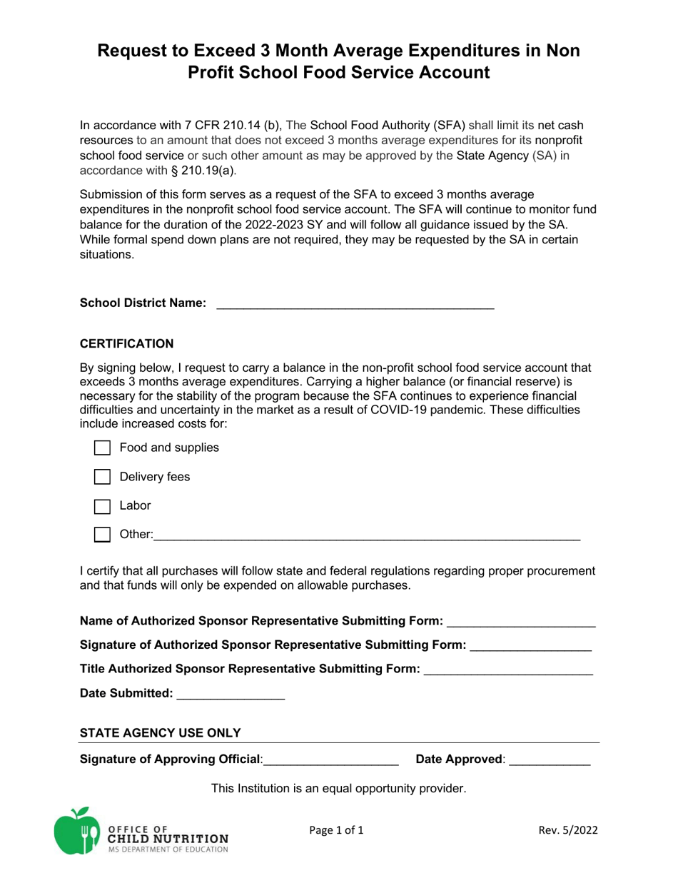 Request to Exceed 3 Month Average Expenditures in Non Profit School Food Service Account - Mississippi, Page 1