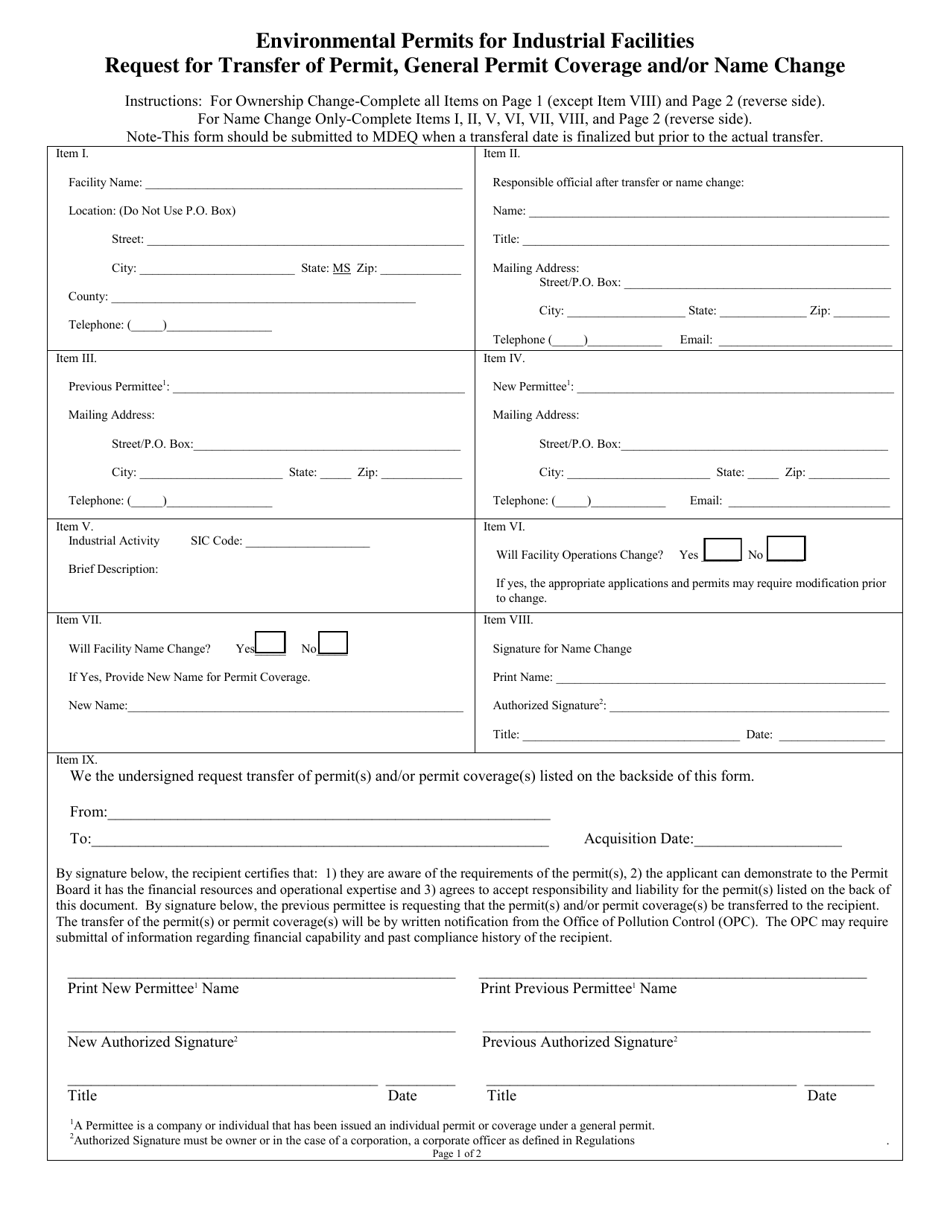 Request for Transfer of Permit, General Permit Coverage and/or Name Change - Mississippi, Page 1