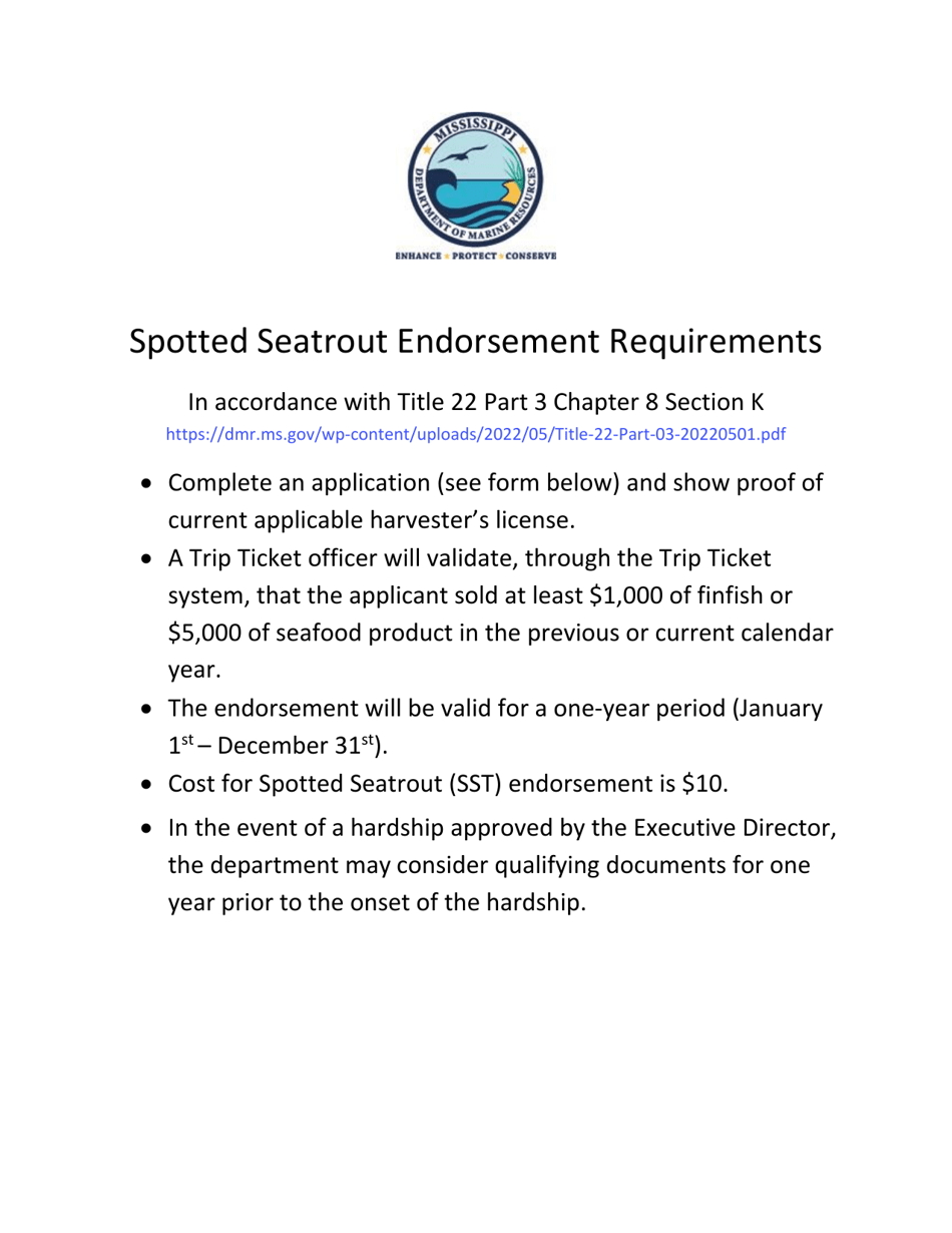 Spotted Seatrout Endorsement Application - Mississippi, Page 1