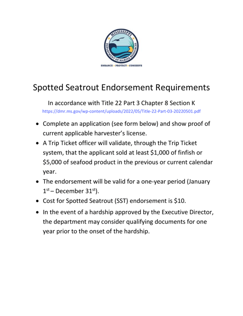 Spotted Seatrout Endorsement Application - Mississippi